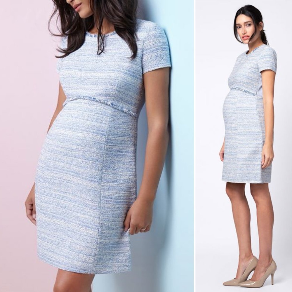 Seraphine Aline Short Sleeve Boucle Tweed Maternity Shift Dress Blue Size 8 NWT